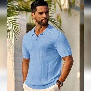 Men's Light Blue Short-Sleeve Knit Polo Shirt